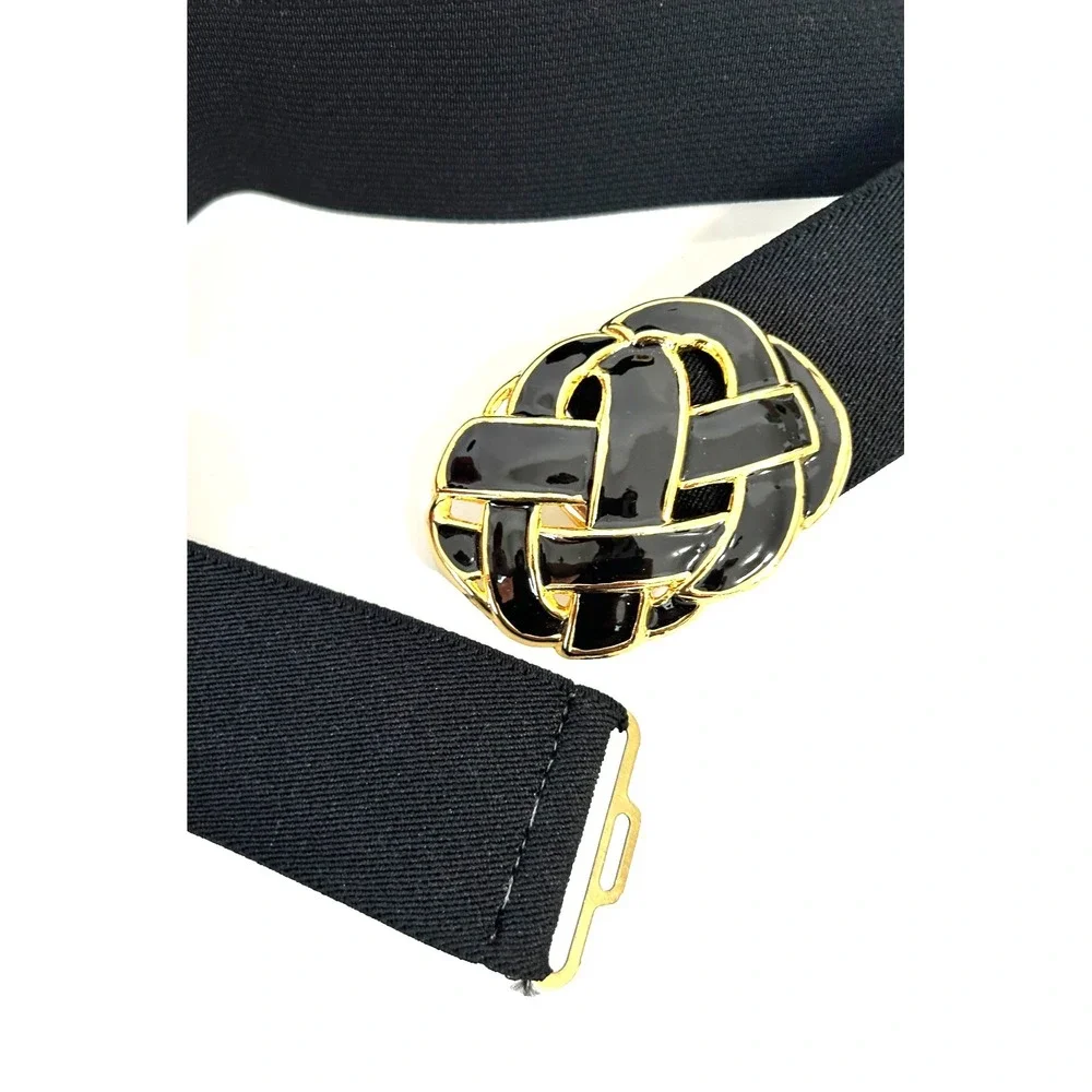 Vintage Day-Lor 80s Black Elastic Cinch Belt M Gold Enamel Knot Buckle USA EUC